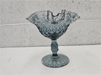 Smoked Blue Glass Fenton Ruffled Compote 6" h