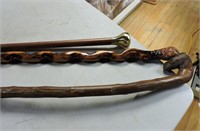 Pair Hand Carved Walking Sticks & 1 W/ Brass Top