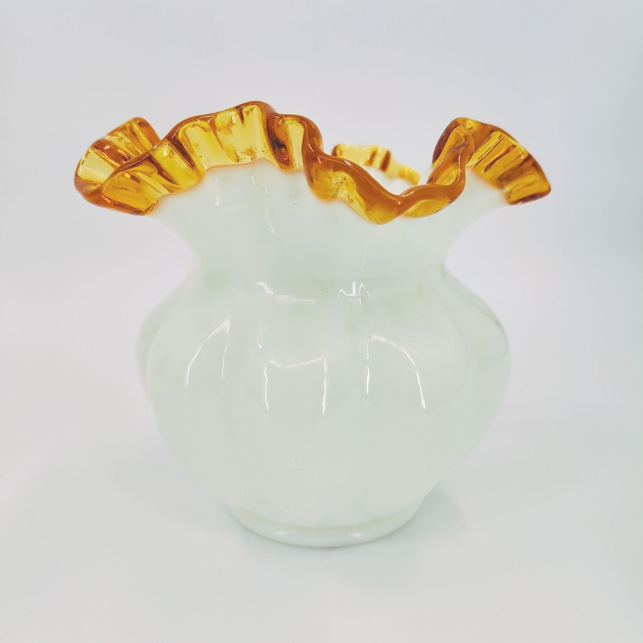 Fenton Amber & Milk Glass Crimped Vase
