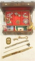 Treasure chest / jewelry box: brooches, hat pin &