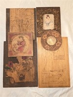 6 pcs Carved & Burned Wood Pyrography Decor