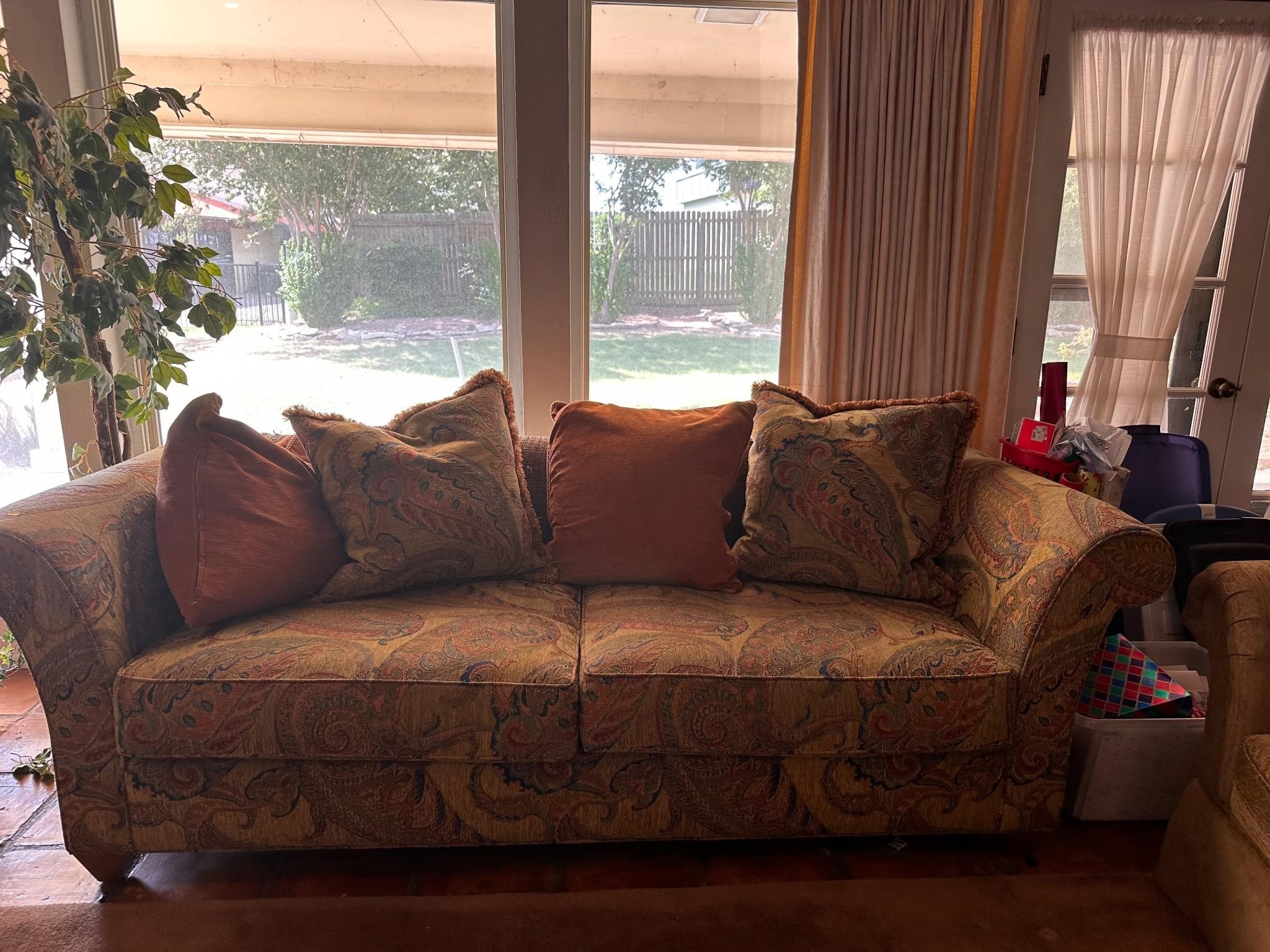 Paisley couch with down cushions