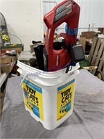 BUCKET--TOOL ASSORTMENT--HEDGE TRIMMER, WIRE ROPE,