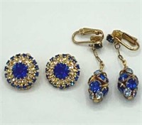2 Pairs Vintage Cobalt Blue Rhinestone Earrings