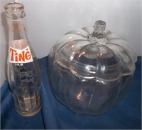 Glass Pumpkin & Vtg Ting Soda Bottle