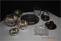 Silver Plate Bowls, Brass Candlestick, & More