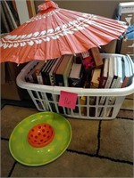 Basket of books, chip and dip, parasol