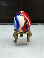 Small Red White and Blue Glass Egg on Brass Stand