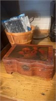 Vintage Cedar jewelry box, basket with stencils