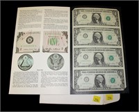 Uncut sheet of four $1 Federal Reserve notes,
