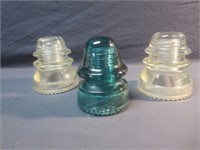 3 Glass Insulators : Blue , Clear