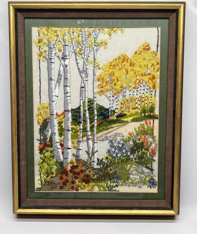 Vintage Framed Embroidered Landscape Scene 17in W