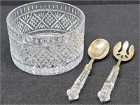 Beautiful Crystal Salad Bowl w/ Serving Utensils