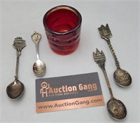 Red Glass Votive Holder, Souvenir Spoons