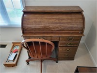 Wood Roll Top Desk with Chair