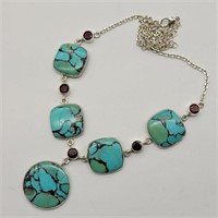 TURQUOISE SET IN 925 SILVER W RED STONE NECKLACE