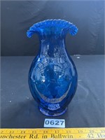 Vintage Optic Blue Ruffled Glass Vase