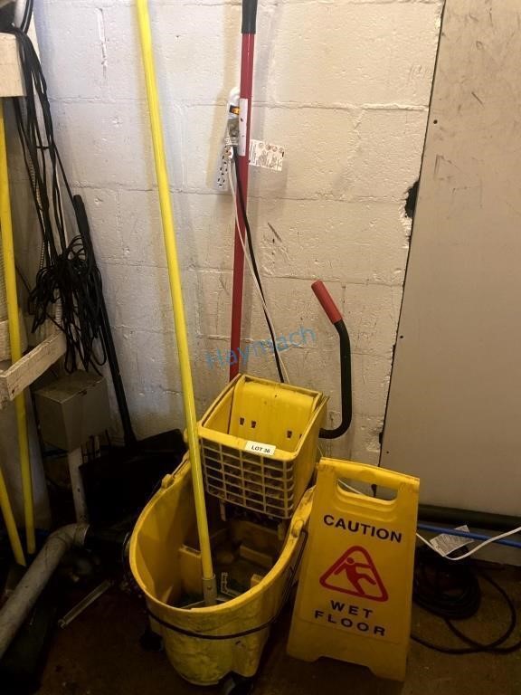GROUP OF MOP, BUCKET & CAUTION SIGN