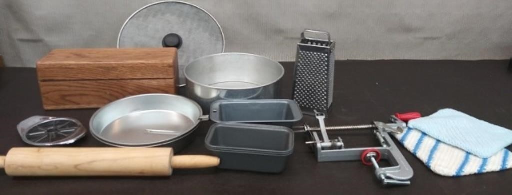 Box Kitchen Items-Recipe Box, Baking Pans,