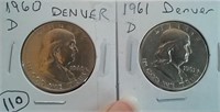 1960 & 1961 DENVER US Franklin half dollars
