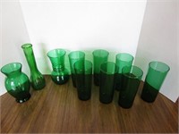 Green Glass Selection;  Drinking glasses & flower