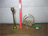 Brass Candle Stick, Roseville Bowl & Carnival