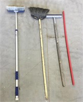 Two brooms, squeegee & plastic handle