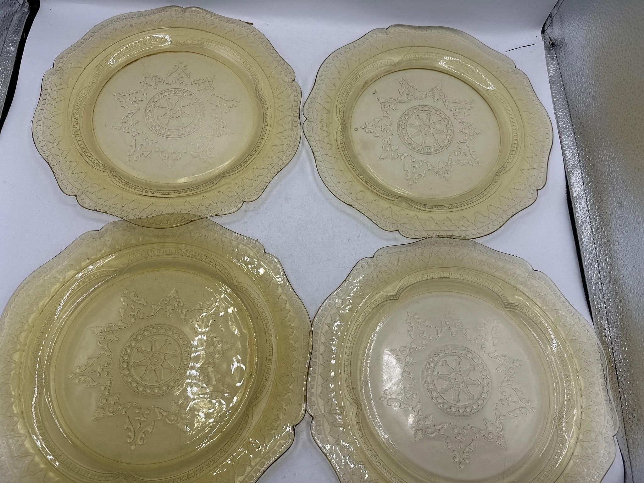 4 Yellow Depression glass plates