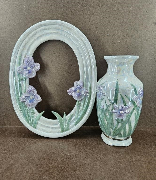 Vtg Matching Iris Ceramic Vase & Picture Frame