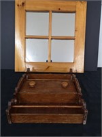 Wooden framed mirror and wood knick-knack shelf