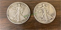 2 US silver half dollars, walking liberties, 1942