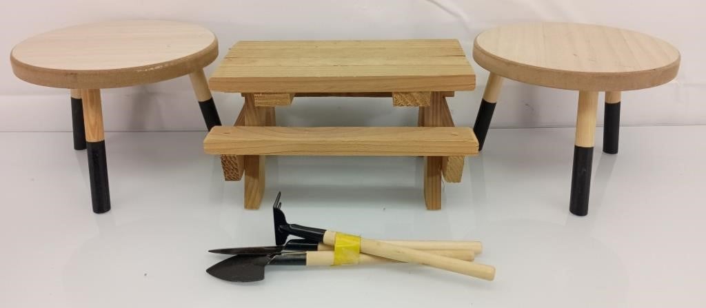 Miniature wood tables and tools