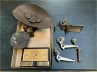 Cast Iron Scale w/ weights, Weather Monitor, Tools