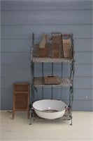Metal and Wicker Shelf with Antique Items
