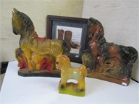 3 Chalkware Horses, Framed Cowboy Boot Print