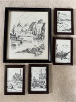 5 Framed Legartha Maritime Charcoal Drawings