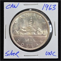 1963 CAD Voyageur Silver $1 Coin - UNC