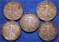 5 Silver Walking Liberty Half Dollars