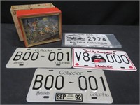 5 LICENSE PLATES & FRAMED SHADOW BOX OF CATS