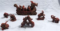 7- CHINESE RED RESIN DRAGON & ELEPHANT FIGURINES