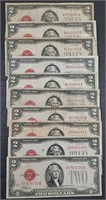 Lot of 10  1928  $2 Legal Tender Red Seals