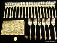 24 Silver Plate Forks & Indian Trinket Box