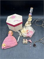 Assorted Vtg Items Dolls, Lamp, Box & Others