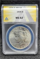1935 Slab Peace Silver Dollar ANACS MS62