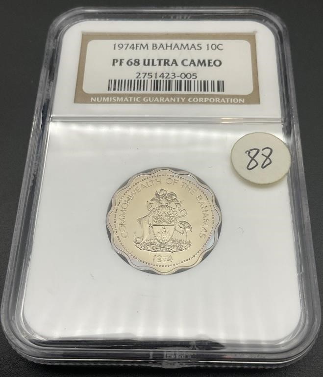 1974FM NGC Proof-68 Ultra Cameo Bahamas 10 Cents