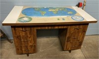 Antique Wood School Desk-World Map and Sharpener