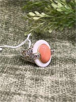 .925 Sterling Silver Coral Stone White Rim Ring