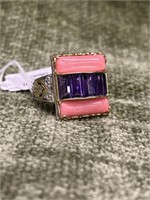 Baguette African Amethyst & Bamboo Coral Ring