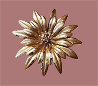 HUGE 3" VTG FULL BLOOM 3D GOLD FLORAL BROOCH