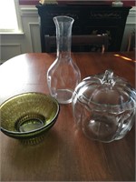 LOT OF 3 GLASS PIECES- PUMPKIN AND GREEN GLASS